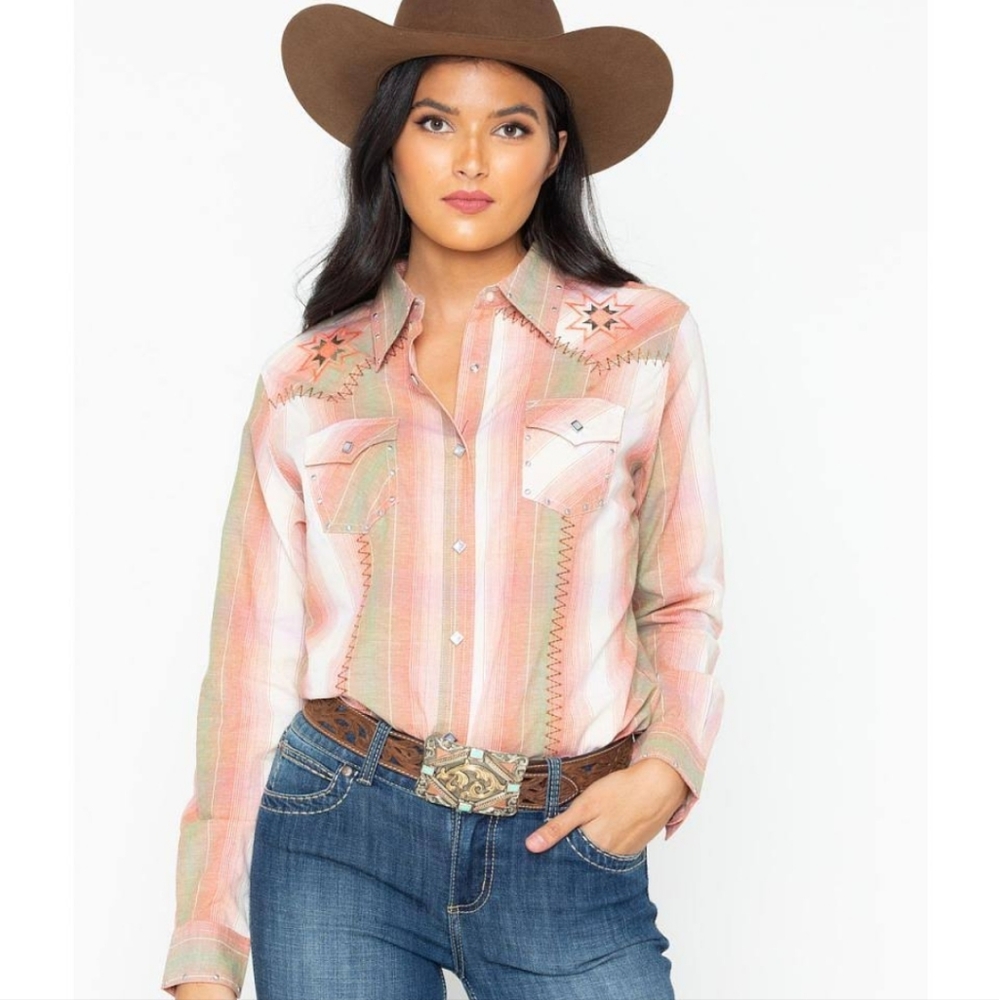 Wrangler Women’s embroidered studded long sleeveshirt with pearl  Buttons
